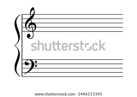 Grand staff, also great stave. Two staves are joined by brace to be played by one performer on a keyboard instrument or harp. Typically with treble clef and bass clef. Illustration over white. Vector. Royalty-Free Stock Photo #1446113345