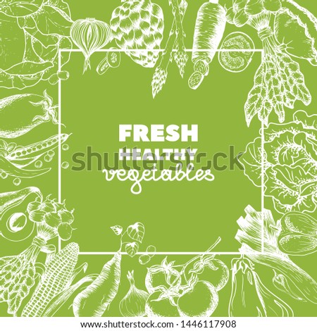 Organic food card design. Farmers market menu design. Organic vegetables poster. Vintage hand drawn sketch vector illustration. Linear graphic