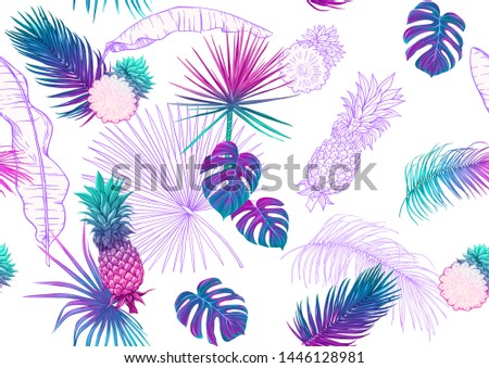 Tropical plants and flowers. Seamless pattern, background. Colored and outline design. Vector illustration in neon, fluorescent colors. Isolated on white background.	