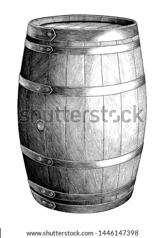 Antique engraving illustration of Oak barrel hand drawing black and white clip art isolated on white background,Alcoholic fermentation oak barrel