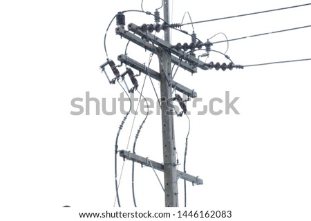 Electricity concept:Electric post ,Power lines cables and insulators with blue sky and white clouds.