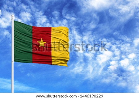 National flag of Cameroon on a flagpole in front of blue sky