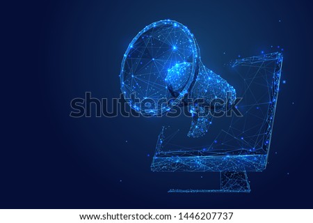Digital marketing low poly wireframe illustration. Polygonal online notification, Internet targeted advertisement mesh art. 3D computer and megaphone with connected dots. Promotional campaign