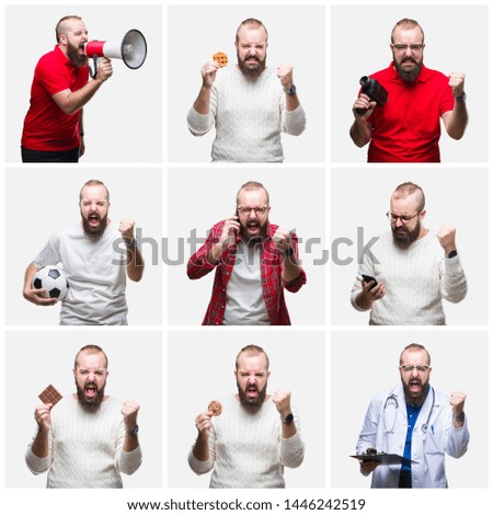 Collage of young man eating, doctor, using smartphone over isolated background annoyed and frustrated shouting with anger, crazy and yelling with raised hand, anger concept