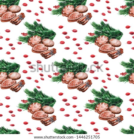 Watercolor background with spruce branches, sweets and berries