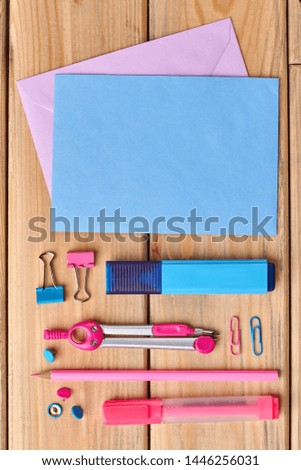 Stationery supplies and blank paper sheets. Back to school concept. Flat lay, top view.
