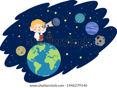Illustration of a Kid Boy Using a Telescope on Top of the World Looking at the Planets and Stars in the Space