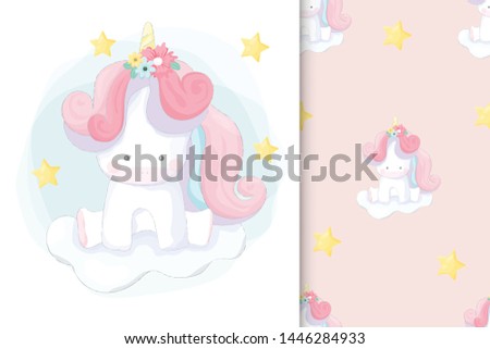 Cute hand drawn unicorn with seamless pattern set