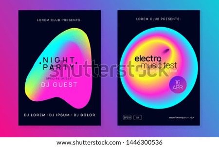 Music poster set. Electronic sound. Night dance lifestyle holiday. Wavy indie party magazine template. Fluid holographic gradient shape and line. Summer fest flyer and music poster.