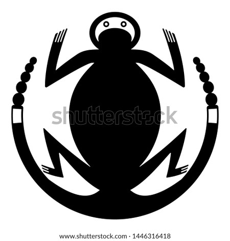 Isolated vector illustration. Fantastic stylized frog or toad. Round ethnic animal decor. Native American Mimbres pottery motif. Black and white silhouette.