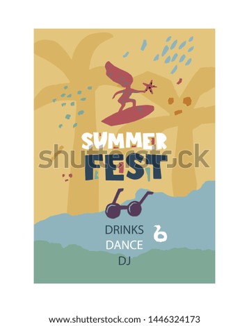 Summer fest invitation poster design in paper cut style. Vector summer background, palm trees, cocktail, surfer, yacht, starfish