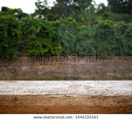wooden table against a blurred forest garden park