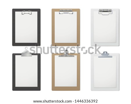 Office clipboard realistic set, document and paper holder. Business board with clip. Vector clipboard illustration on white background
