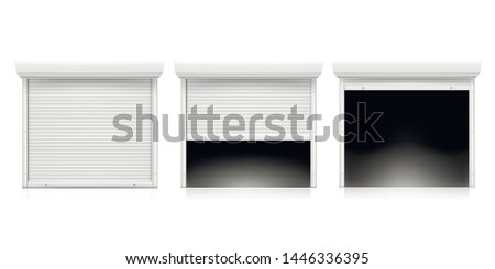 Roller shutter door set, coiling door for security. Metallic industrial frame. Vector rolling shutter illustration on white background Royalty-Free Stock Photo #1446336395
