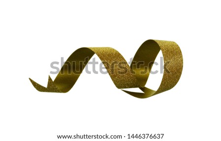 Gold ribbon and roll isolated on white background. Flat lay.