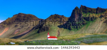 Gorgeous view of Vikurkirkja christian church in front of mouintaine. Scenic image of most popular tourist destination.

Location: Vik village in Myrdal Valley, Iceland, Europe.