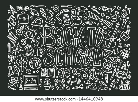 Freehand chalk drawing school items on the black chalkboard. Back to School, vector illustration. Vector Background with lots of pupils objects. Uotline Concept of education with lettering.