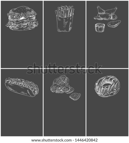 Fast food monochrome sketch outline. French fries and hamburger fried chicken and sauce. Hot dog with sausage donut sweet dessert posters set raster