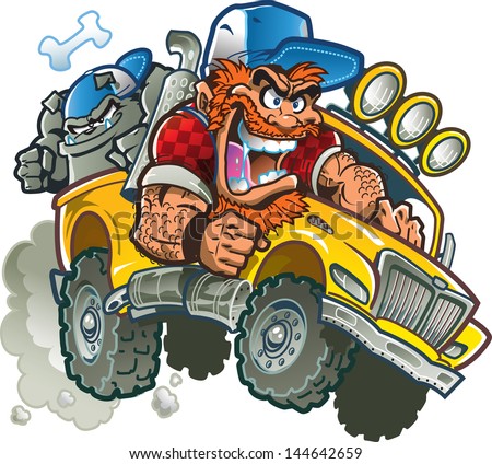 Wild Crazy Redneck In Pickup Truck with Trucker Hat, Red hair, Beard and Bulldog Royalty-Free Stock Photo #144642659
