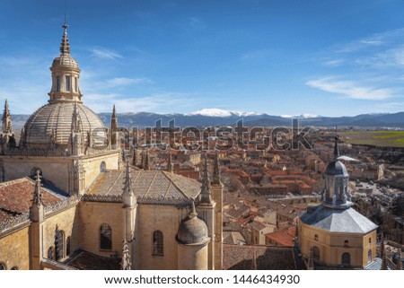 Aerial view of Segovia old city and Cathedral - Segovia, Castile and Leon, Spain