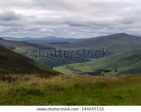 Wicklow Mountains in the hinterland of Dublin, Ireland. The landscape was seen in many movies. The sky is overcast. The perfect landscape for hiking and relaxing.