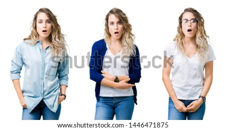Collage of young beautiful blonde girl over isolated background afraid and shocked with surprise expression, fear and excited face.