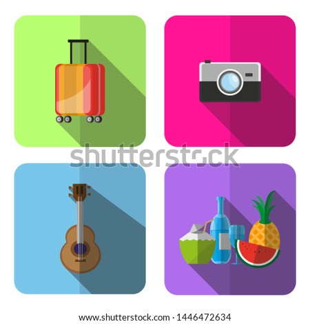 suitcase camera guitar,ukulele wine and fruit colorful icons longshadow