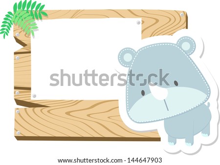 illustration of cute baby rhino with wooden blank board isolated on white background