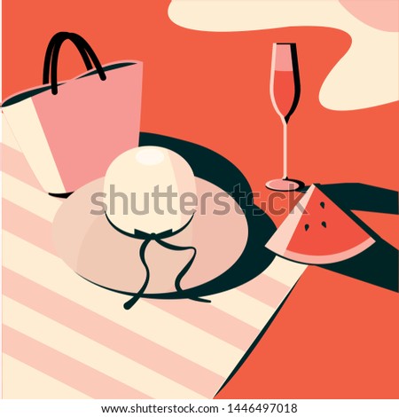 Stylish bright vector illustration in red and black colors. Beach hat glass of champagne wine watermelon sea picnic towel basket. Modern style. Retro comics fashion