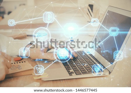 Social network theme hologram with businessman working on computer on background. Concept of world wide web. Multi exposure.