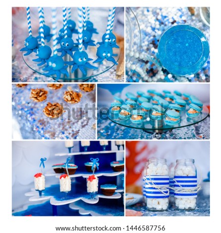 Sea and summer time theme for party or birthday. Collage of five pictures of sweets, cupcakes, pop cakes.