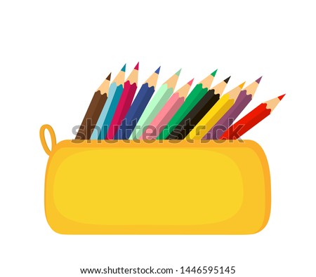 A bright school pencil case filled with school stationery, such as pens, pencils, Concept of September 1, go to school. flat vector illustration on white background