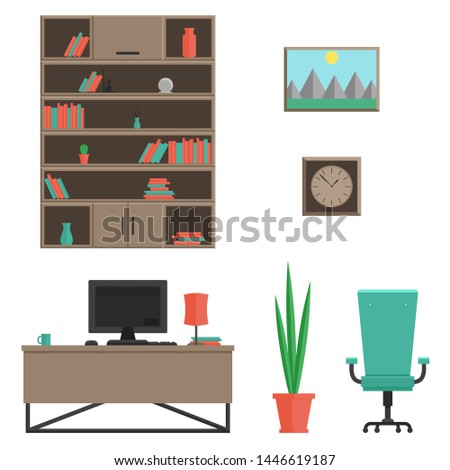 A set of furniture for the cabinet in modern style. Vector flat illustration The interior of the room