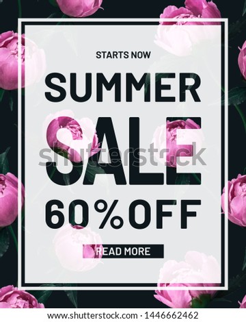 Summer Sale Discount peonies instagram banner. Special up to 60% off. Flowers on black background. Template for banner, flyer, Sale promotion, ad, blog, marketing.