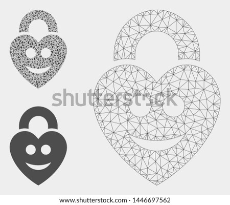 Mesh happy love lock model with triangle mosaic icon. Wire carcass triangular mesh of happy love lock. Vector mosaic of triangle parts in different sizes, and color tones.