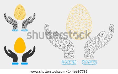 Mesh gold egg care hands model with triangle mosaic icon. Wire carcass polygonal mesh of gold egg care hands. Vector collage of triangle parts in different sizes, and color shades.