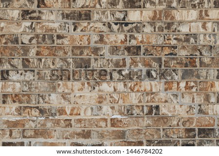 Bricks comprised of a mottled pattern of different shades of tan, reddish brown, white, and black on making up the exterior wall of a building.