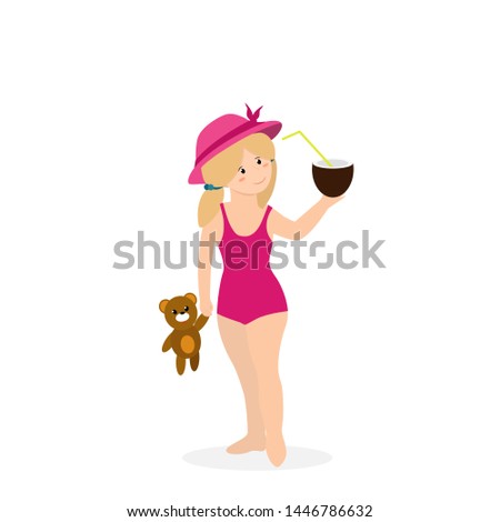 Baby Girl on Beach, Happy Kid in Swim Suit and Hat. Smiling Child with Bear Toy and Coco Nut Cocktail on Seaside Isolated on White Background. Cartoon Flat  Illustration, Clip Art