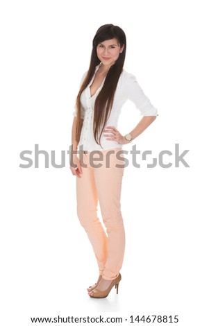 Portrait Of Happy Young Woman Over White Background