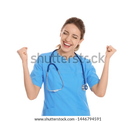 Portrait of emotional medical doctor with stethoscope isolated on white