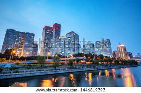 Beijing, China Central Business District city skyline on the Tonghui River.