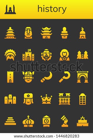 history icon set. 26 filled history icons.  Simple modern icons about  - Pagoda, Democracy monument, Moai, Statue, Tower, Headdress, Castle, Cervantes, George washington, Viking