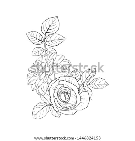 vector drawing flowers, decorative rosette, stylized designtemplate, isolated floral element, hand drawn botanical illustration,coloring page
