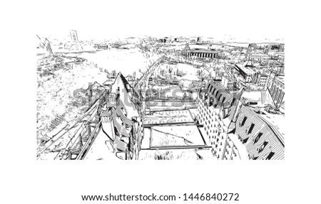 Building view with landmark of Ottawa is Canada’s capital, in the east of southern Ontario, near the city of Montreal and the U.S. border. Hand drawn sketch illustration in vector.