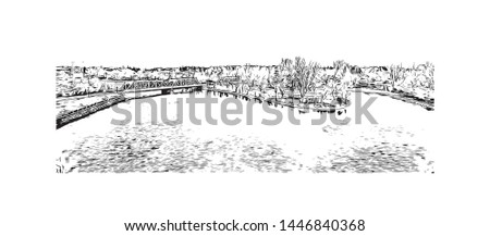 Building view with landmark of Ottawa is Canada’s capital, in the east of southern Ontario, near the city of Montreal and the U.S. border. Hand drawn sketch illustration in vector.