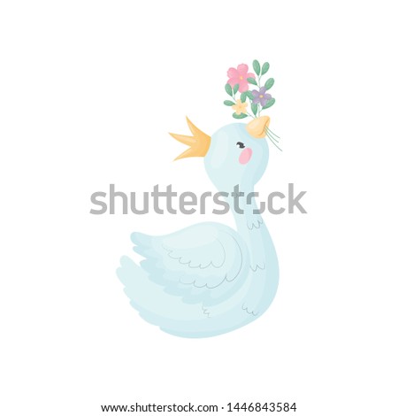 Cute swan holds a flower in its beak. Vector illustration on white background.