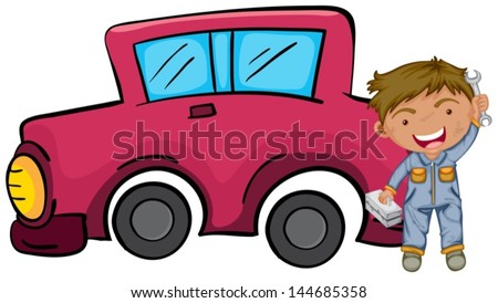 Illustration of a happy boy holding his tools in front of the pink car on a white background