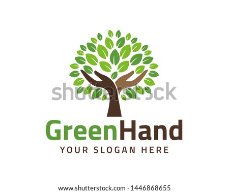 Human hands and tree with green leaves. Logo, symbol, icon, illustration, vector, template, design