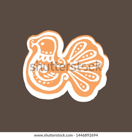 Gingerbread Christmas cookie. Bird. Design element for christmas decoration, design, greeting cards and invitations. Isolated on white background. Doodle style. Vector color hand drawn illustration.