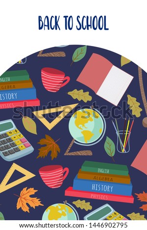 Back to school. Cute vector illustration for poster, background, banner or card, freehand drawing with stationery, books and other